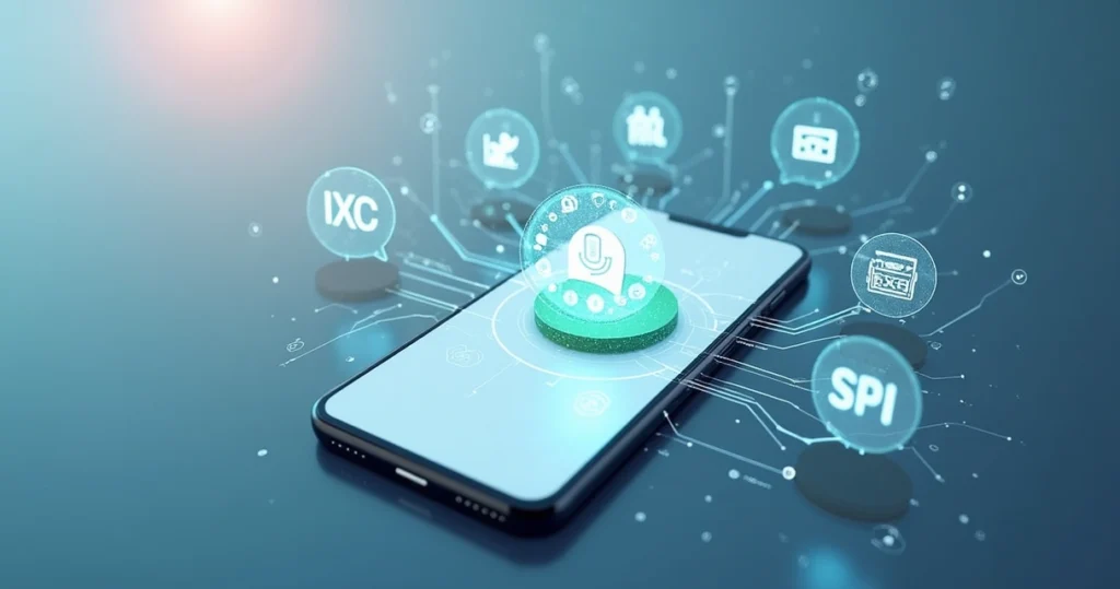 Interface de chatbot automatizado em WhatsApp no smartphone com ícones de sistemas de gestão ao redor