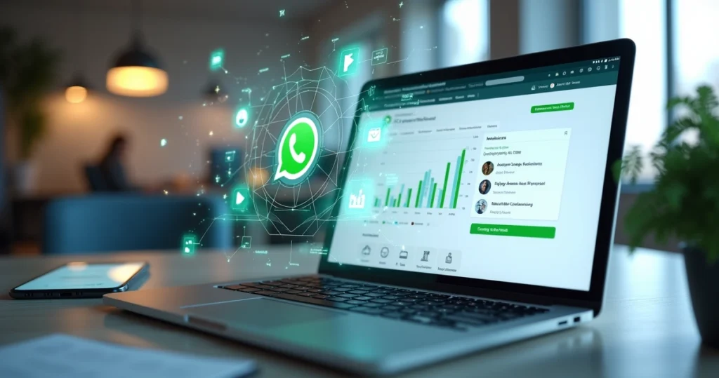 Tela de computador exibindo atendimento automatizado via WhatsApp com gráficos e integrações de sistemas de gestão