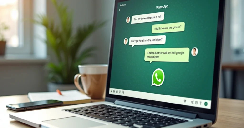 Computador mostrando atendimento automatizado via WhatsApp com assistente virtual em tela
