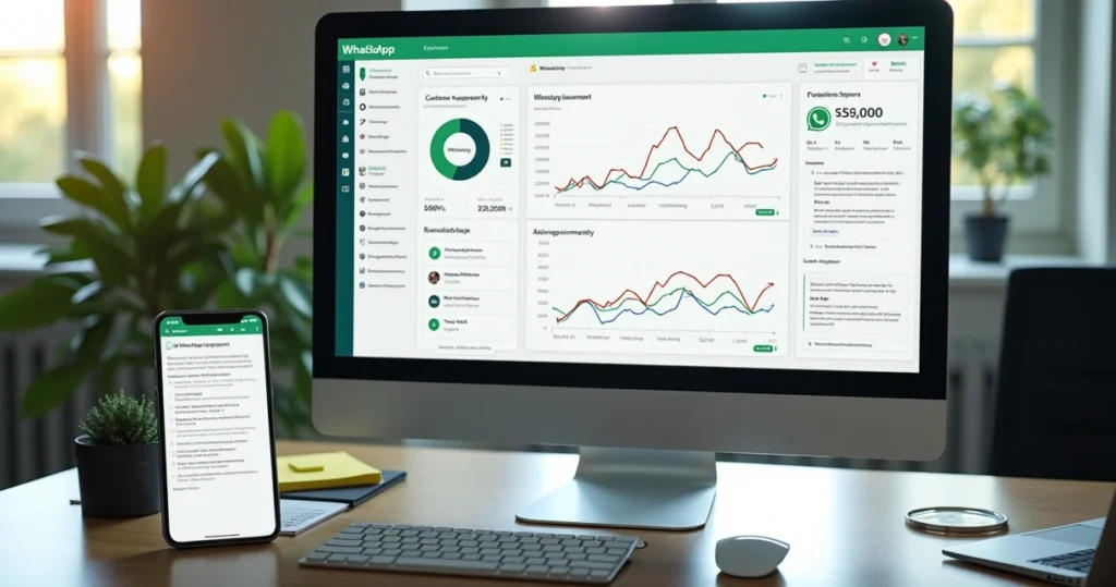 Interface de computador mostrando automação no WhatsApp com gráficos de atendimento e aviso de erros na tela
