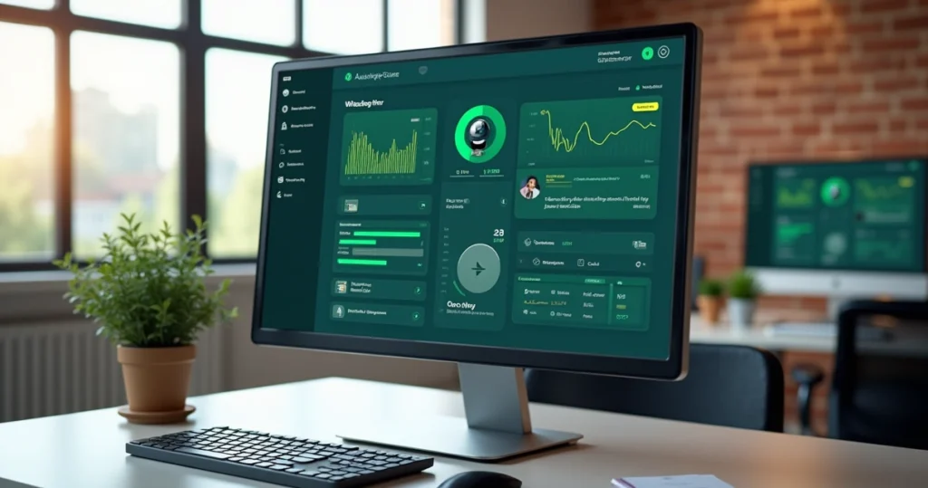 Tela de computador mostrando software de atendimento automatizado por WhatsApp para provedores de internet com gráficos e notificações em fundo de escritório moderno
