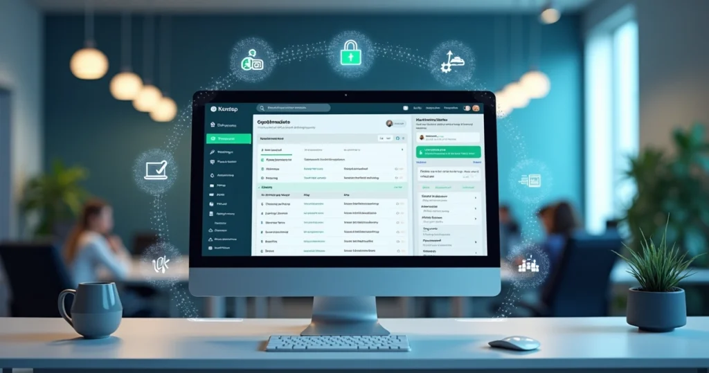 Computador mostrando painel de atendimento automatizado via WhatsApp integrado com MKAuth, ambiente de trabalho moderno e tecnologia digital visível