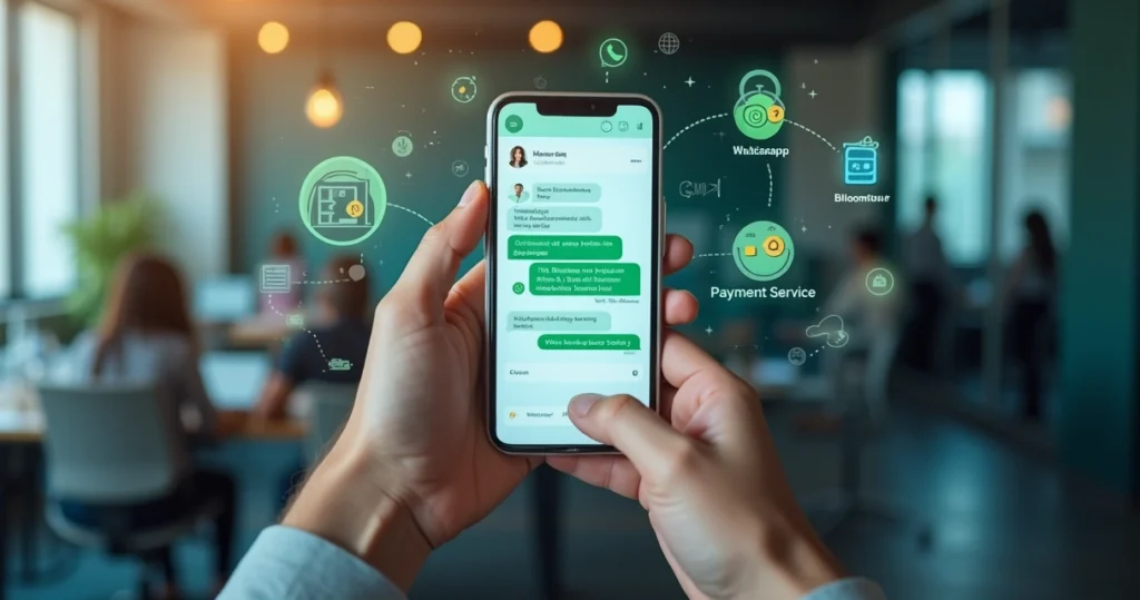 Pessoa usando smartphone com tela mostrando conversa de atendimento automatizado via WhatsApp para provedor de internet