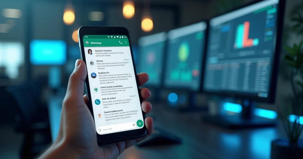 Interface de atendimento automatizado via WhatsApp para provedores de internet, mostrando chat com respostas rápidas, boletos e lembretes integrados