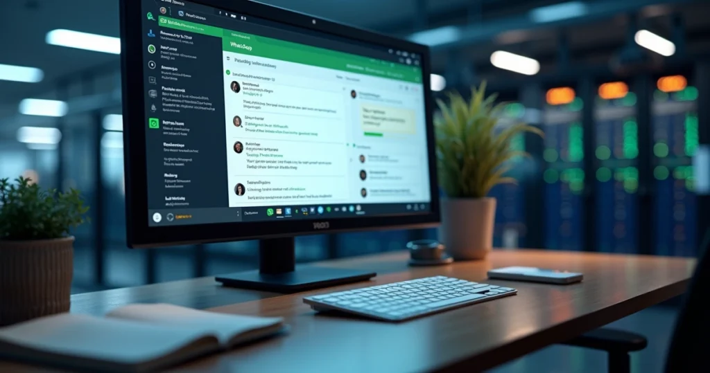 Tela de computador mostrando painel de integração RadiusNet com chat de atendimento via WhatsApp e emissão de boletos digitais