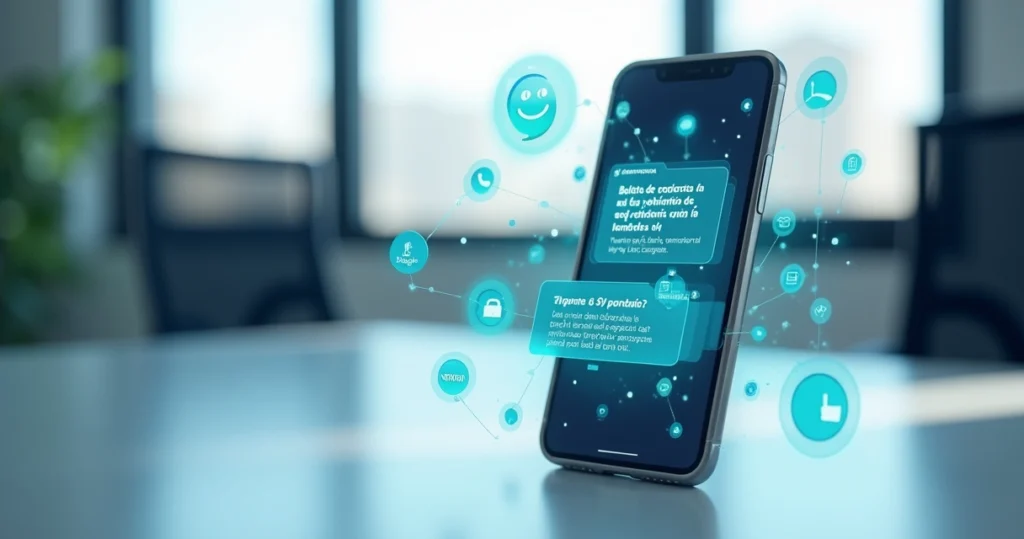 Interface de chatbot automatizado em tela de smartphone com ícones de WhatsApp e gráficos de gestão integrados