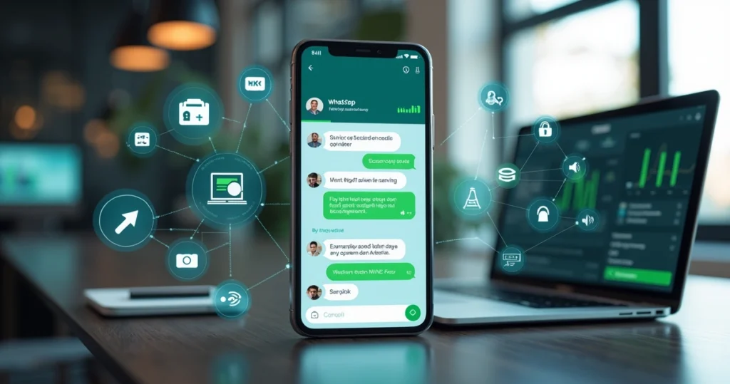 Interface de chatbot automatizado em WhatsApp com gráficos e ícones de integração de sistemas de gestão