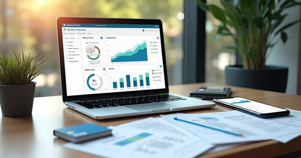 Mesa de escritório com laptop aberto mostrando painel financeiro digital, documentos administrativos, cartão empresarial e smartphone com app de banco aberto, destacando integração e automação para pr