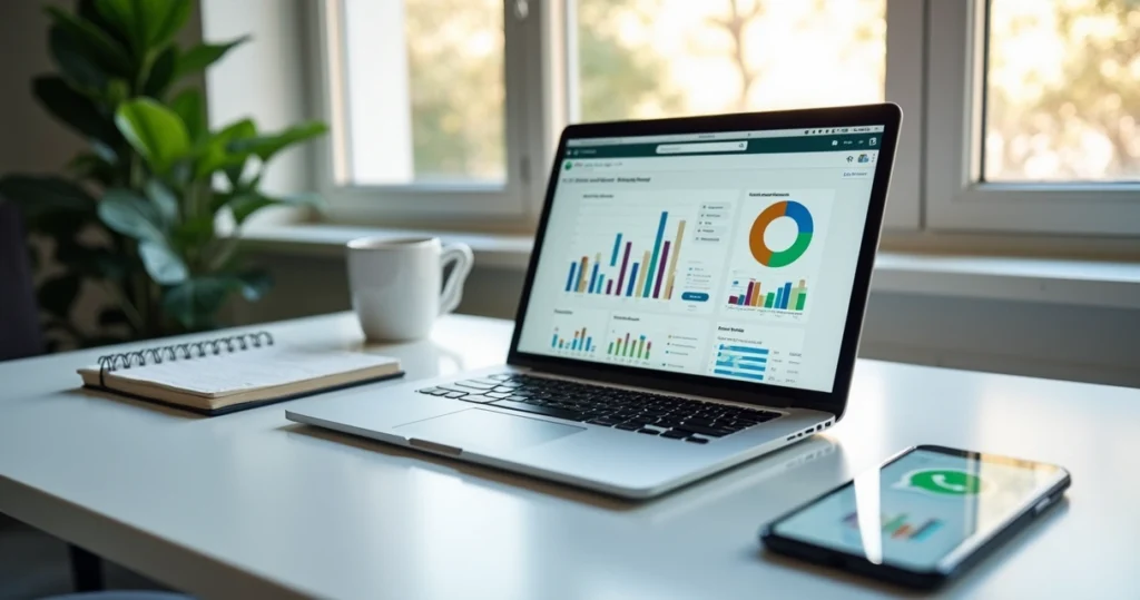 Mesa de escritório com laptop aberto exibindo gráficos de marketing digital, celular mostrando conversa de WhatsApp, bloco de notas com anotações, e caneca, ambiente moderno e iluminado