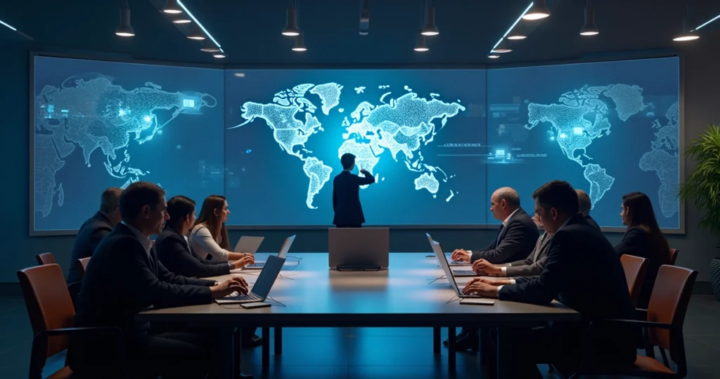 Equipe de profissionais em sala moderna usando computadores e smartphones para gestão integrada de provedor de internet regional
