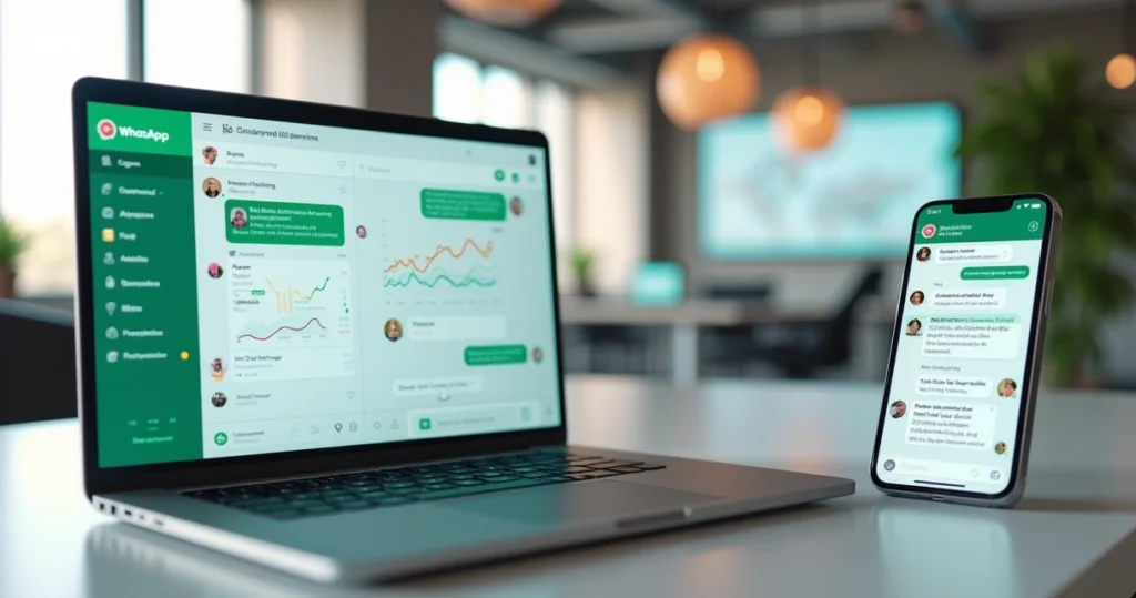 Computador e smartphone exibindo atendimento via WhatsApp integrado a sistemas de gestão para provedores de internet