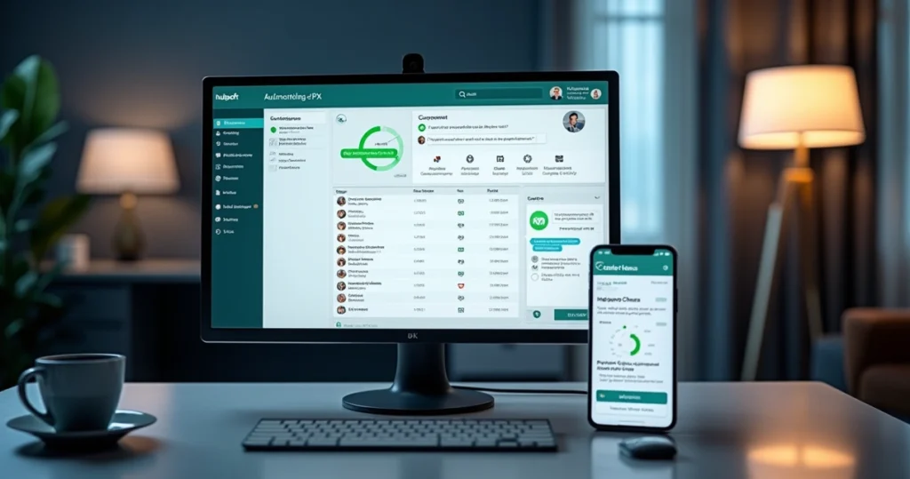 Tela mostrando integração entre software Hubsoft e plataforma de atendimento automatizado via WhatsApp com interface moderna e dados de clientes e cobranças visíveis.