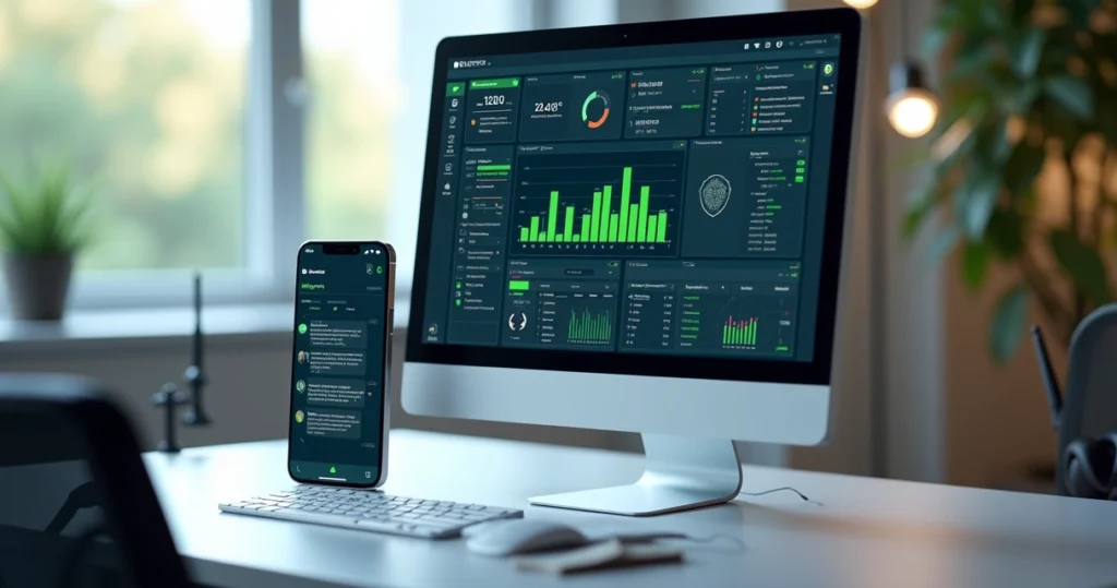 Interface de sistema IXC exibida junto com chat automatizado no WhatsApp em tela de computador e celular