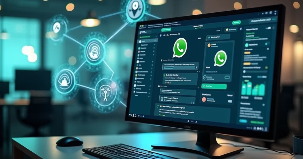 Tela de computador mostrando integração do WhatsApp com sistemas de gestão ISP, com gráficos e ícones digitais ao redor