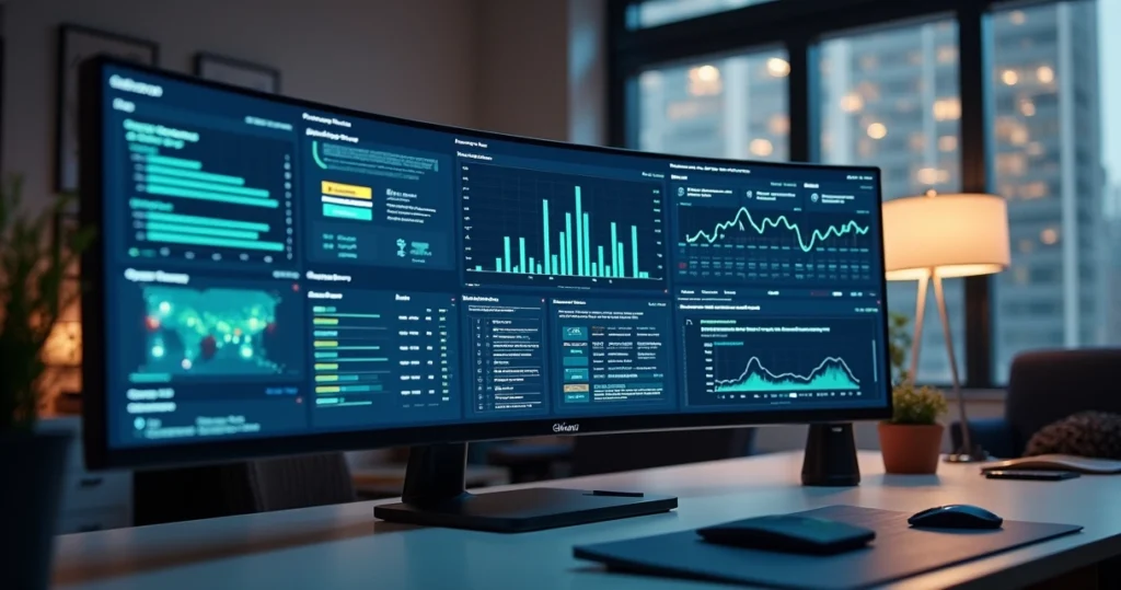 Interface de sistema de gestão para provedor de internet com gráficos, painéis de controle e integração via WhatsApp exibidos em tela de computador moderno