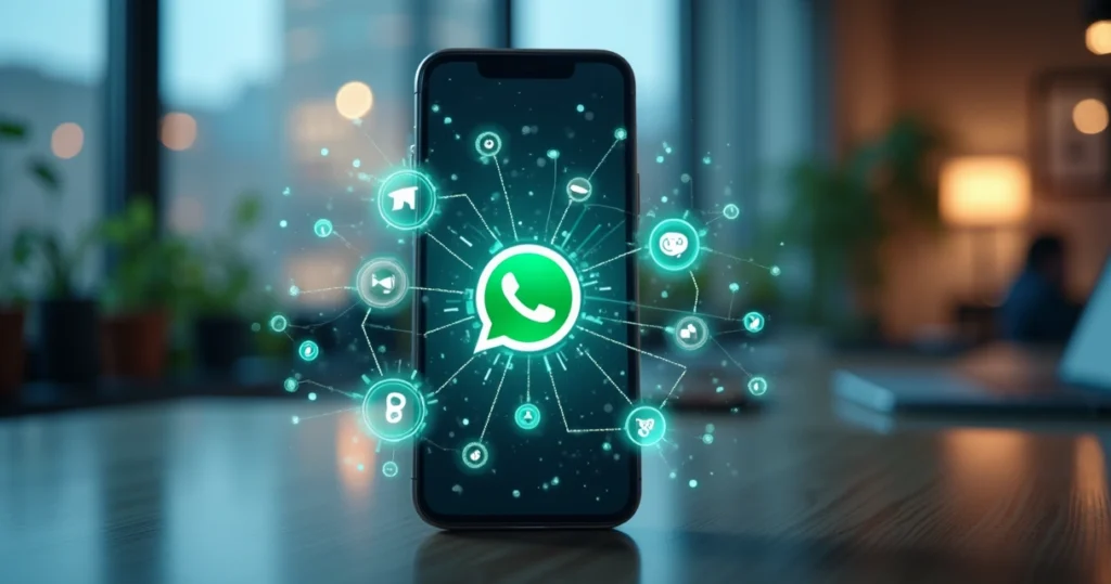 Representação digital de atendimento automatizado via WhatsApp com smartphone exibindo conversa de chatbot e elementos visuais de inteligência artificial ao redor