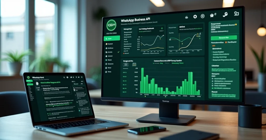 Painel com API oficial do WhatsApp Business mostrando preços, gráficos de custos e integrações com sistemas de gestão