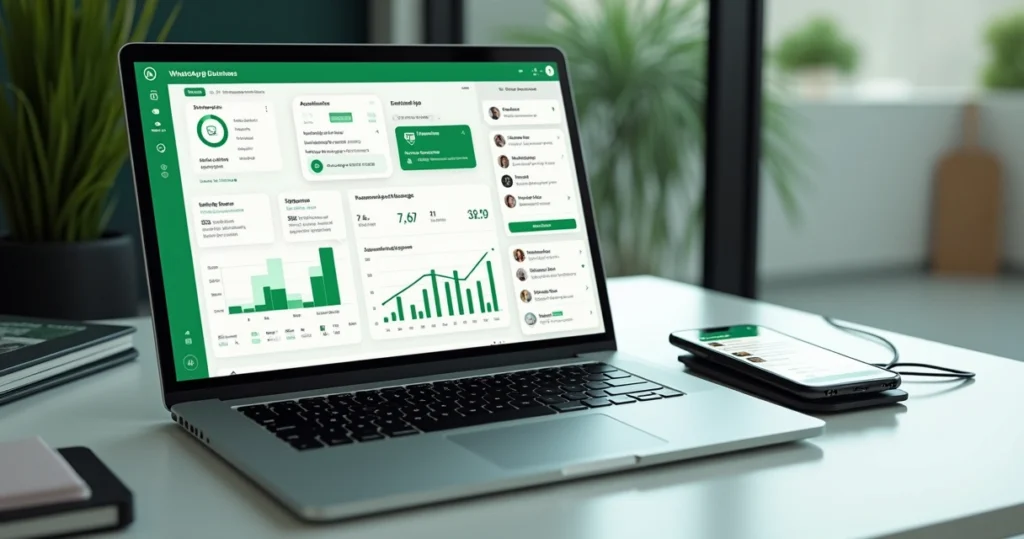 Painel com automação de disparos empresariais no WhatsApp em notebook sobre mesa de escritório