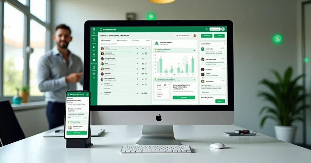 Dashboard com provedora configurando disparo seguro de WhatsApp para clientes