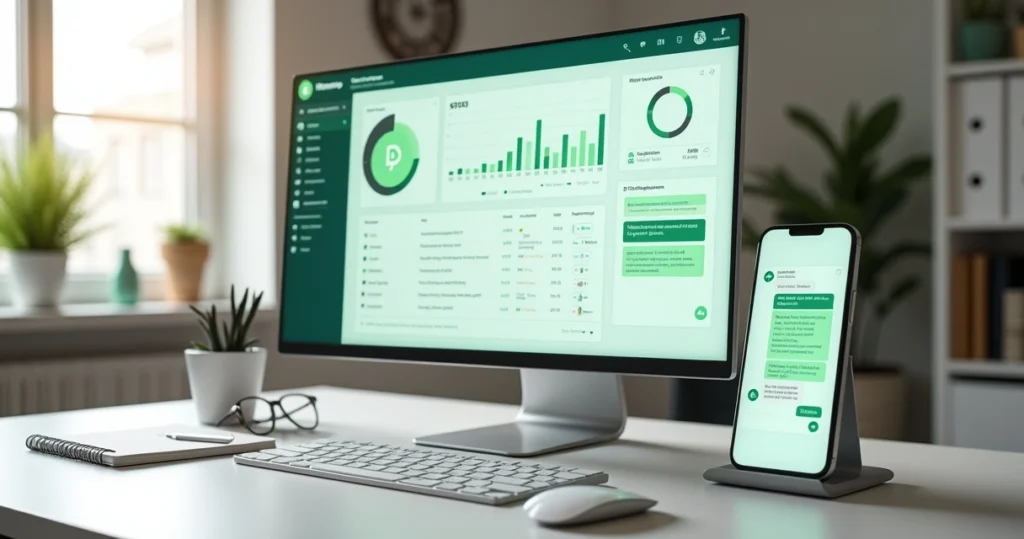 Tela de computador com painel de disparo WhatsApp e celular mostrando conversa profissional