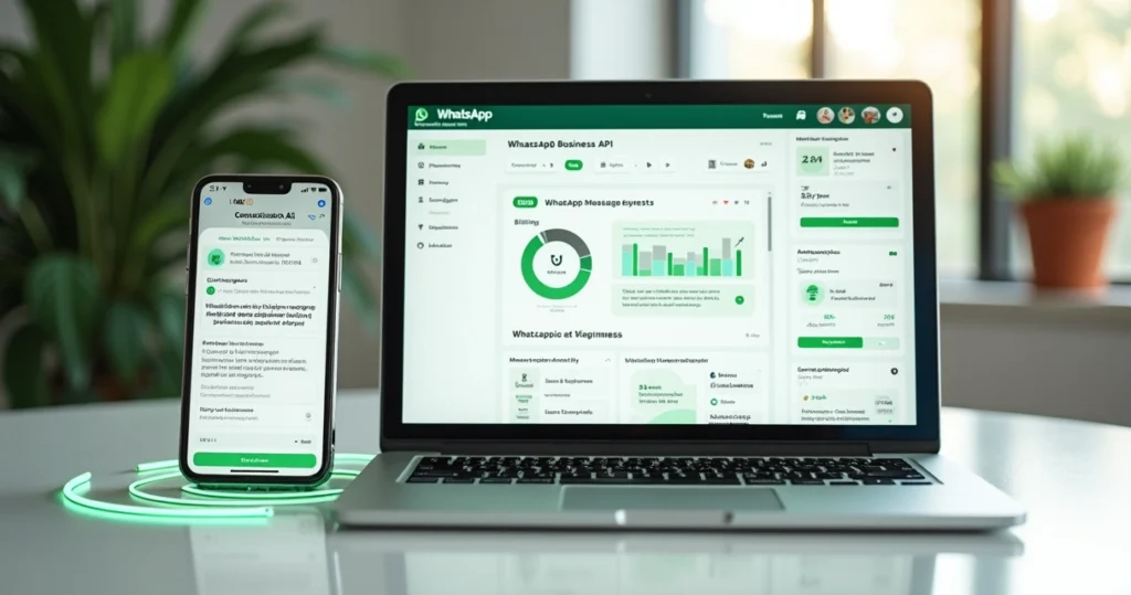 Dashboard de ferramenta de disparo WhatsApp API em computador e celular