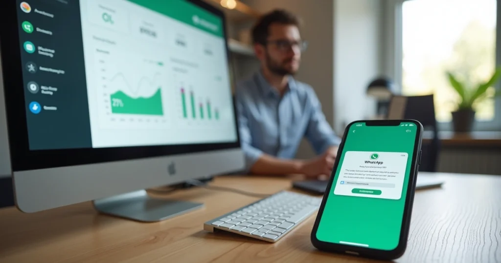 Tela de computador com sistema de provedor e celular exibindo notificação de vencimento no WhatsApp