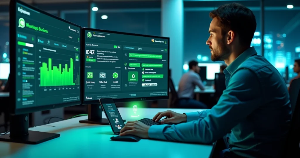 Gestor de provedor de internet analisando painel de WhatsApp com alerta de bloqueio