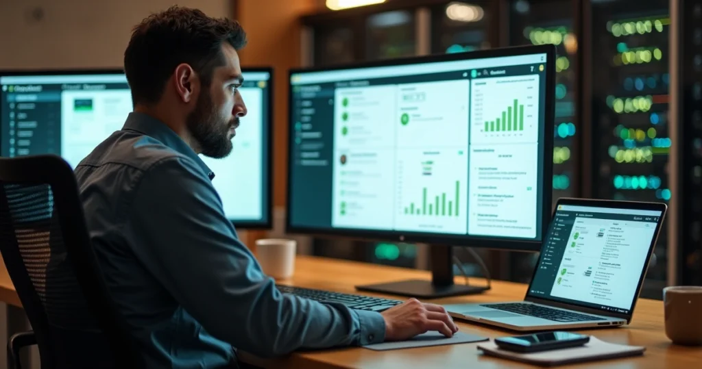 Gestor de provedor de internet configurando envio de mensagens em massa pelo WhatsApp em um painel com gráficos