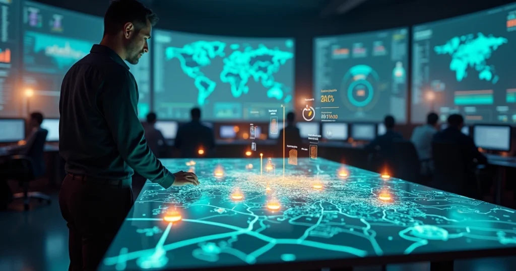 Gestor de provedor observando mapa de cidade com áreas de risco de churn destacadas