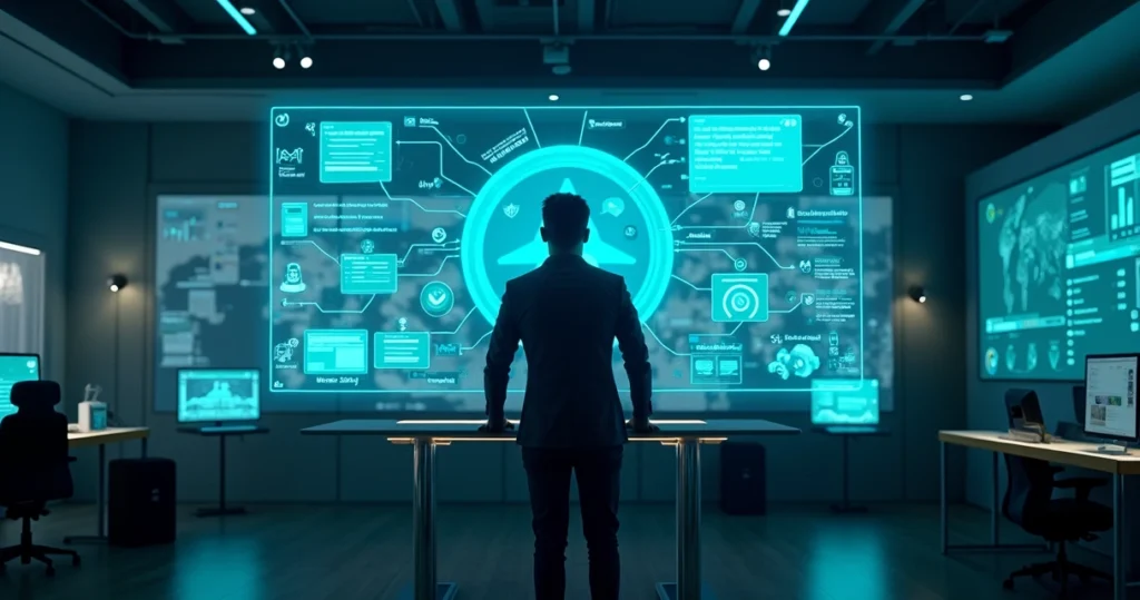 Gestor de provedor com painel holográfico comparando chatbot simples e agente de IA em operação