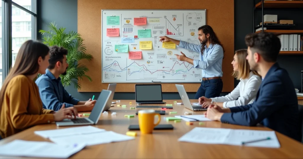 Equipe de ISP em sala de reuniões analisando mural com índices de churn e indicadores de atendimento