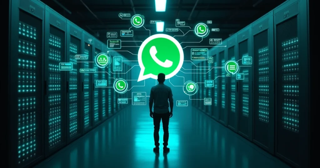 Profissional de provedor em data center usando painel que exibe integrações com API do WhatsApp