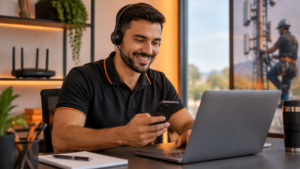 Consultora comercial revisando uma proposta de internet e uma conversa no celular antes de retomar contato com um cliente