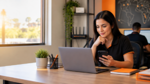 Profissional de provedor de internet analisando cobranças e conversas de clientes pelo celular e notebook