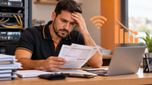 Gestora de provedor de internet analisa pagamentos e conversa com um cliente pelo celular